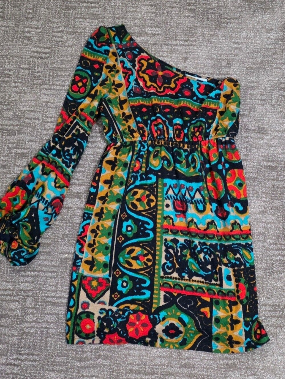 Judith March One Shoulder Mini Dress Boho Psychedelic Revival 70s Retro Large